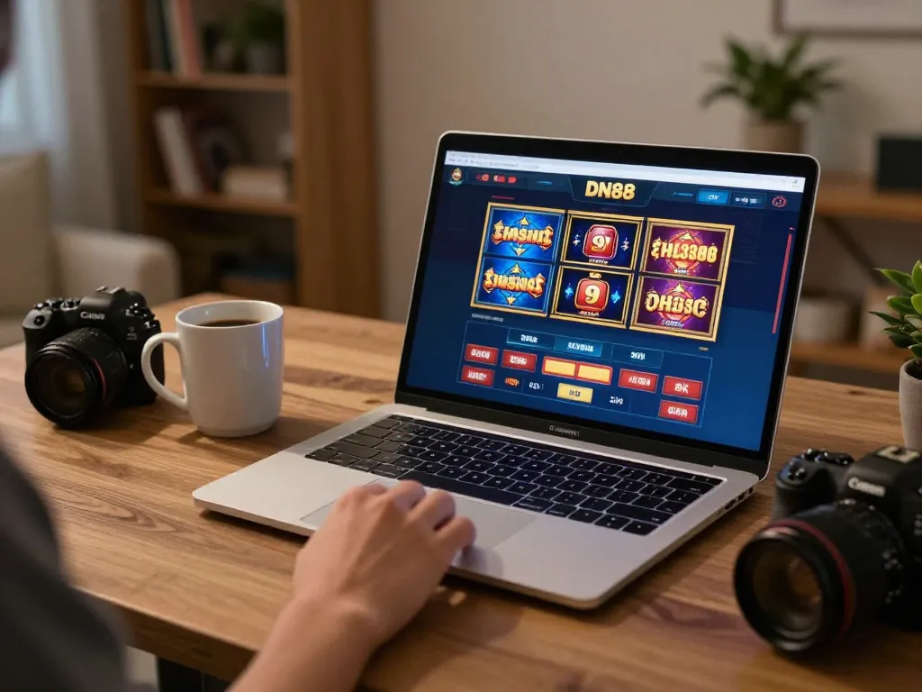 Experience thrilling gameplay on DN88 with vibrant online slot games and a cozy gaming setup.