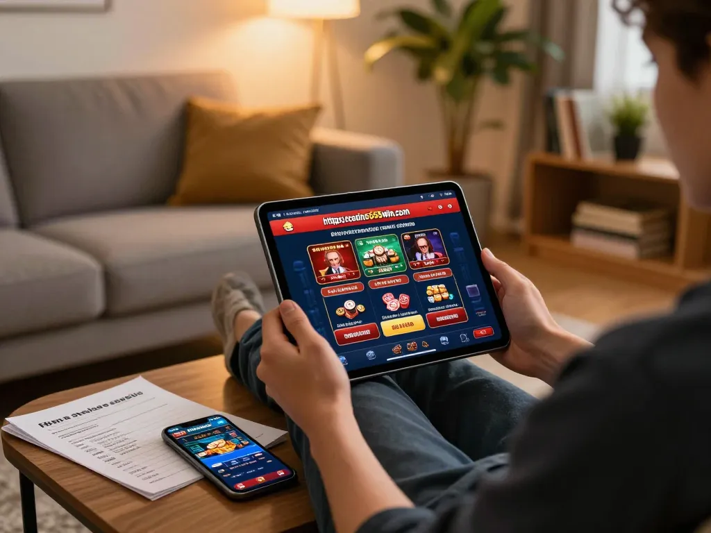 Engaging in online gaming at https://casino555win.com/ on a tablet in a cozy setting.