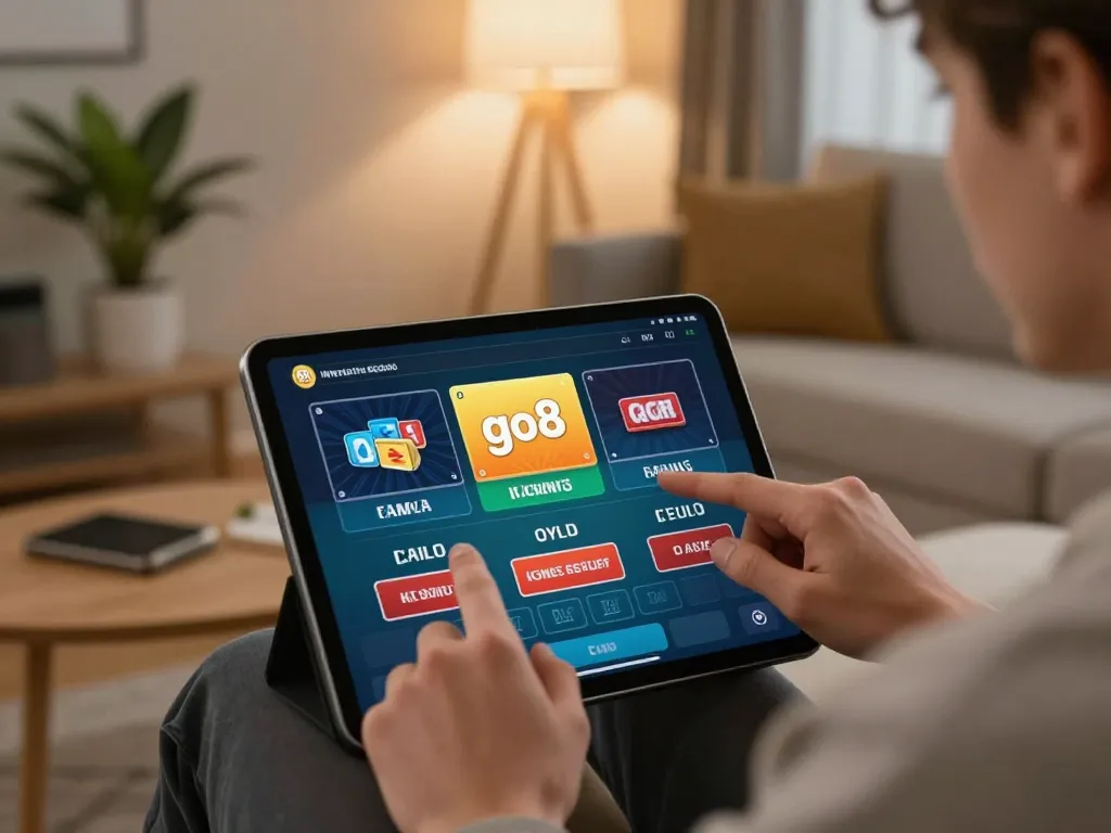 User engaging with the go8 casino app on a tablet while relaxing in a stylish home environment