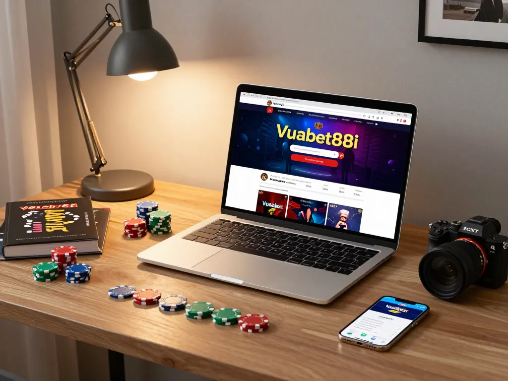 Engaging online gaming session at Vuabet88i casino setup with laptop and poker chips
