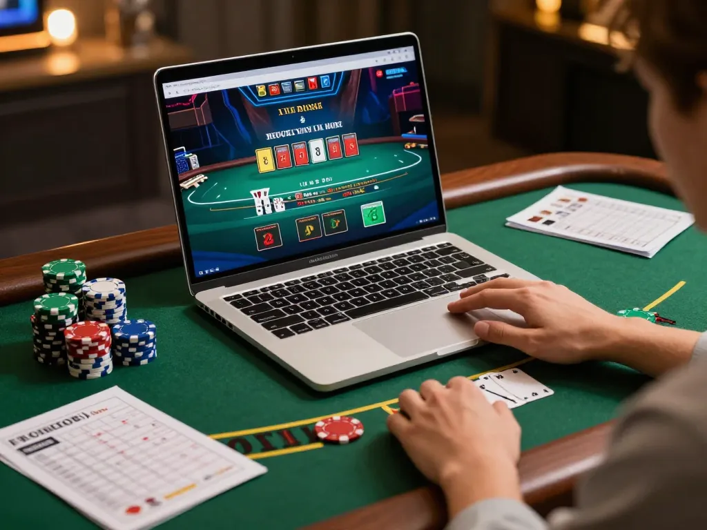 Engaging blackjack session on a laptop depicting vb88 uy tín alongside strategic game elements.