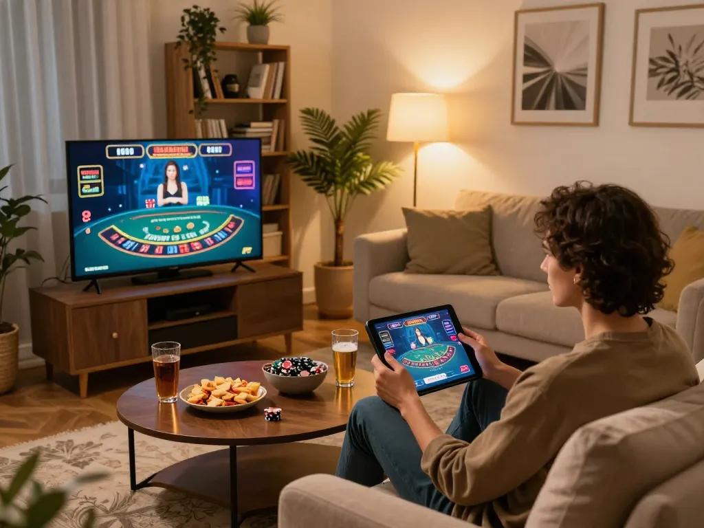 Person engaging in online blackjack at home, featuring bj88bj for strategic gaming.