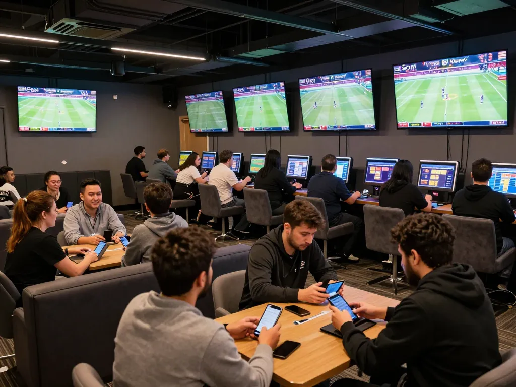 1Gom players excitedly placing bets in a vibrant sports betting lounge with multiple screens.