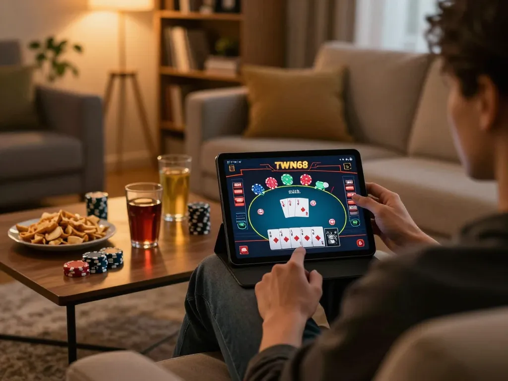 TWIN68 player engaged in strategic online poker game, cozy home setting.