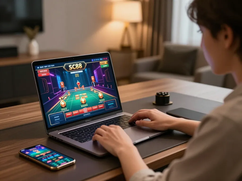 Player immerses in sc88 online gaming at stylish home desk.