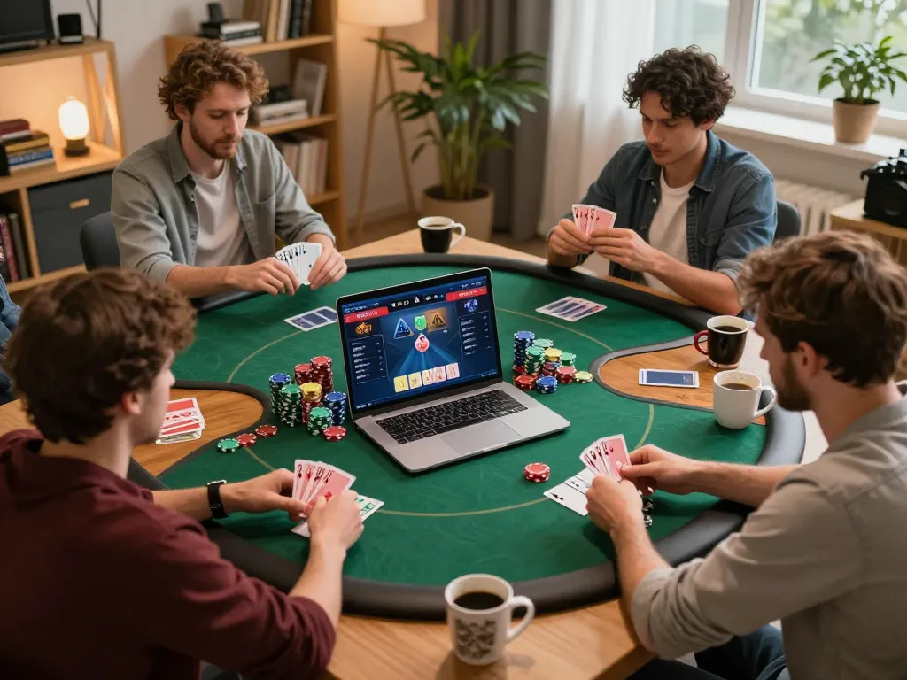 Players engaged in an online poker game at home showcasing Jun88 VN gaming experience.