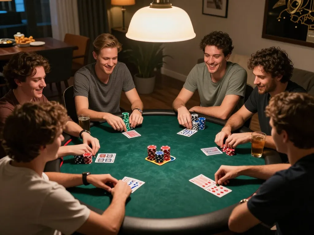 Friends enjoying a poker night at home, playing Texas Hold'em and having fun with 789WIN.