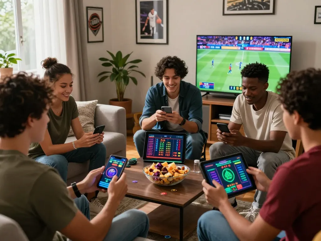 Tải app Topbet on smartphones with friends enjoying a betting session in a lively living room.