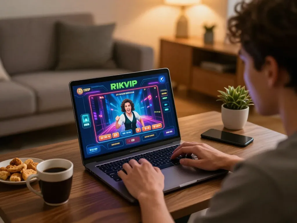 Player engaged in online gaming with RIKVIP interface, cozy home setting, strategizing for wins