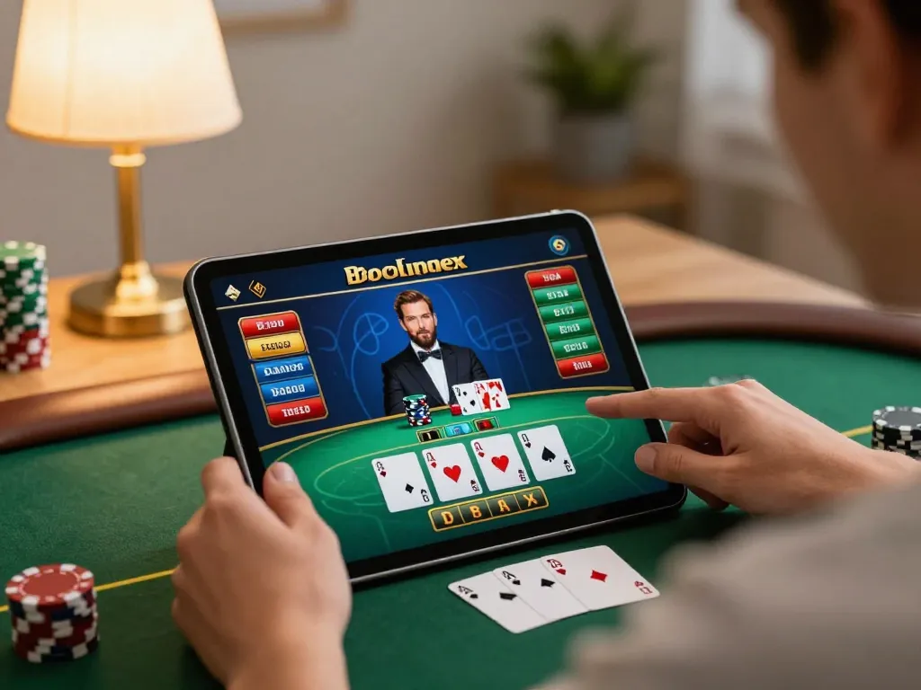Participating in an exciting live dealer blackjack game on lc88 using a tablet in a cozy home setting
