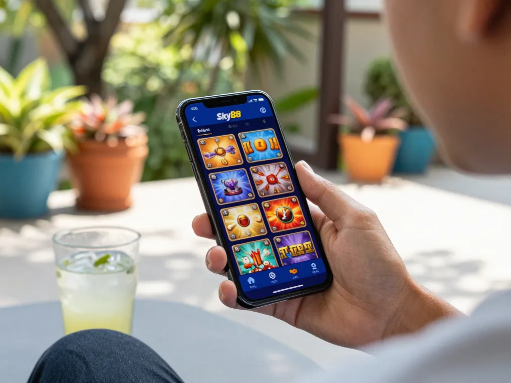 Tải app Sky88 showcases mobile casino gaming with vibrant user interface in a sunny outdoor setting.