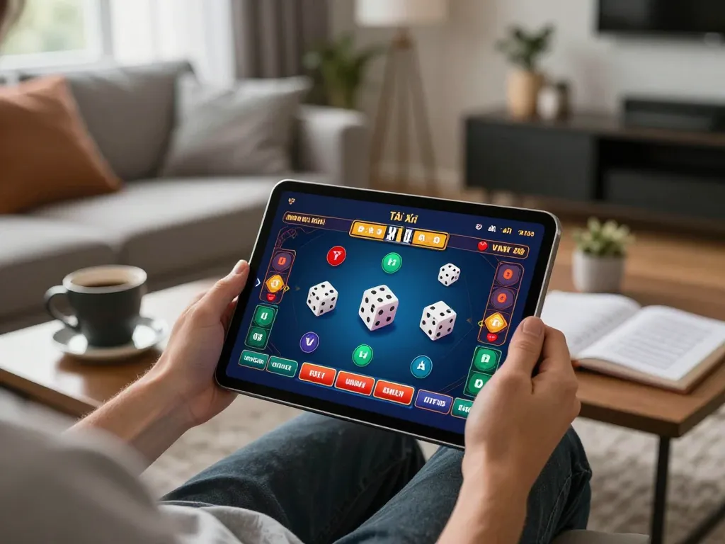 Tài xỉu Online gameplay on a tablet in a cozy living room, highlighting engaging online betting action.
