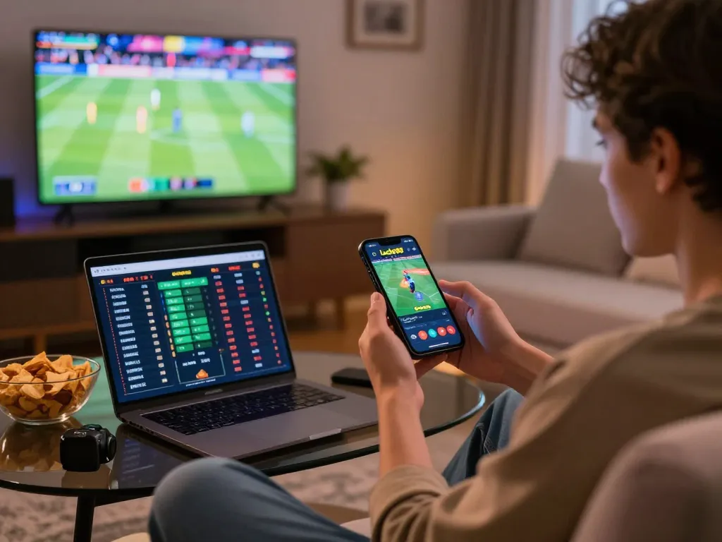 Tải app Lucky88 for online gaming on a smartphone in a cozy living room.