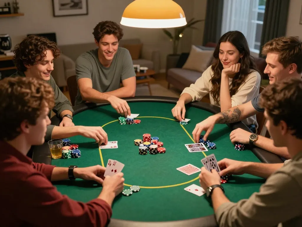 Engaging friends playing poker in a cozy home setting with a focus on strategy and fun. lucky88a enhances their gaming experience.
