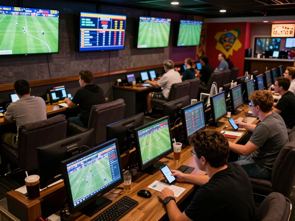 Kèo bóng đá hôm nay with enthusiastic bettors watching live matches in a vibrant sports betting lounge