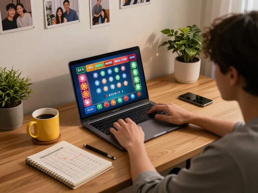 Engaged player enjoying xóc đĩa on a laptop, surrounded by strategic betting notes, creating an inviting gaming atmosphere.