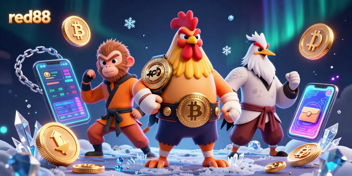 Engage in thrilling games on red88 with a dynamic casino scene featuring vibrant characters and crypto elements.