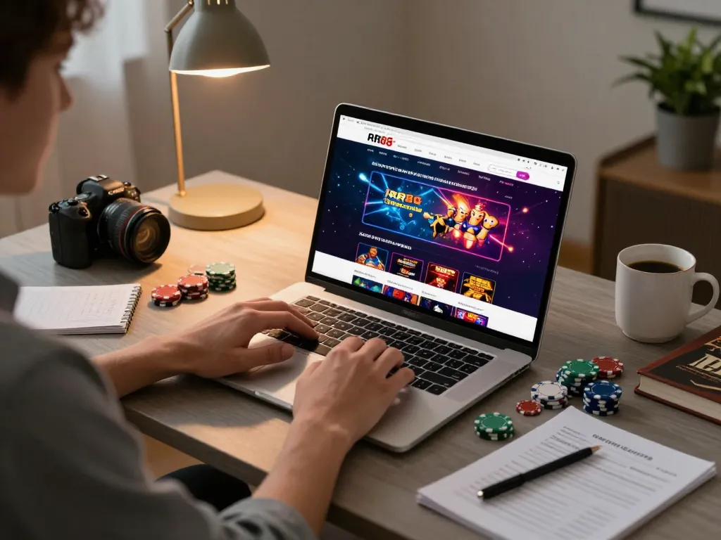 Player engaging in online casino gaming on RR88 with strategic notes and vibrant game graphics.