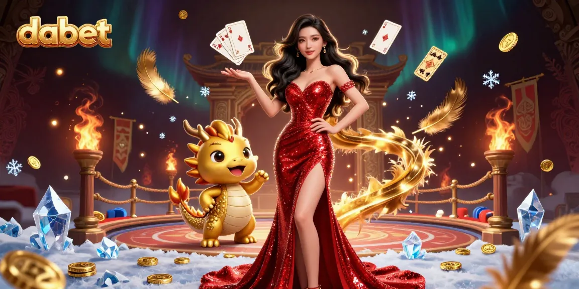 Dabet showcases a vibrant casino scene featuring an elegant Asian woman and a golden dragon mascot amidst dynamic gaming elements.