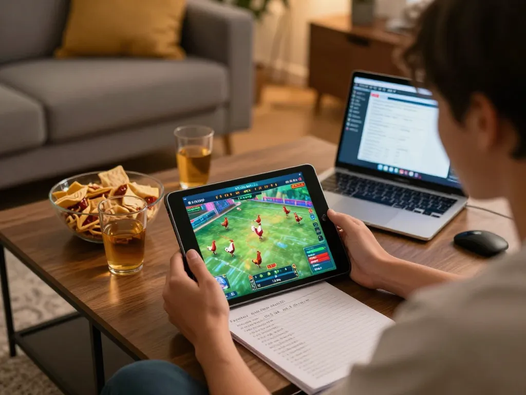 Engaging in trực tiếp đá gà gameplay on tablet amidst cozy home decor and snacks.