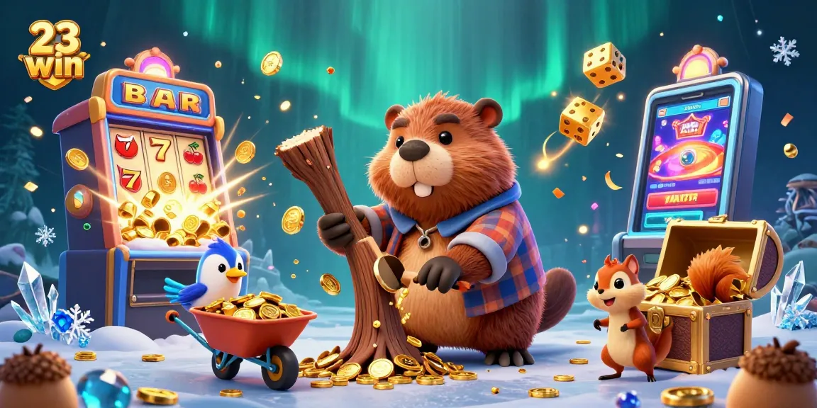 Experience the excitement of 23 win with fun characters in a vibrant casino scene filled with jackpots and treasures.