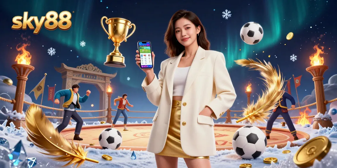 Engage with sky88's sports betting excitement, viewing a mobile app amidst thrilling casino elements.
