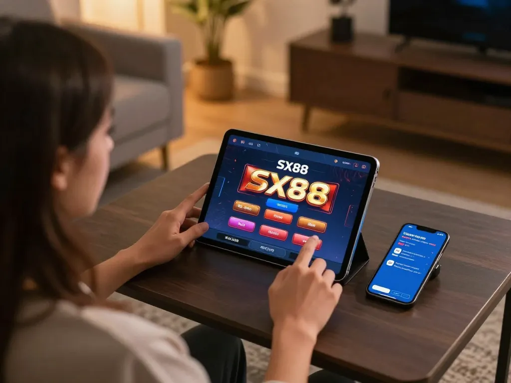 SX88 player engaging with casino app on tablet in cozy home setup