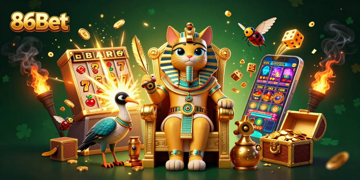 Spin the reels and claim jackpots at 86Bet, featuring a pharaoh cat in a vibrant casino scene.