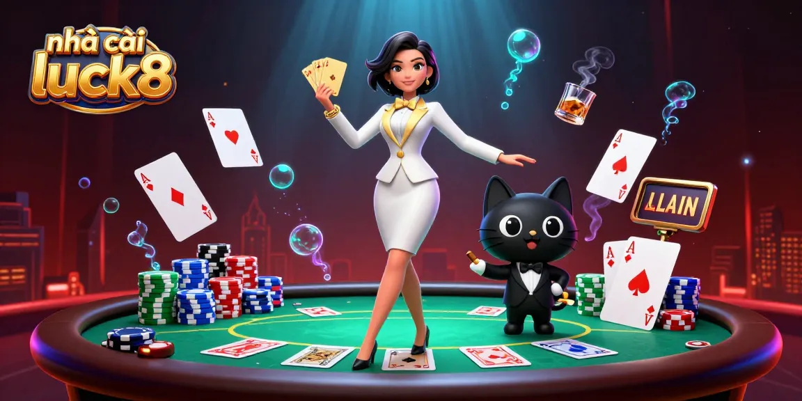 Experience excitement at nhà cái luck8 with a glamorous poker scene featuring dynamic characters and vibrant elements.