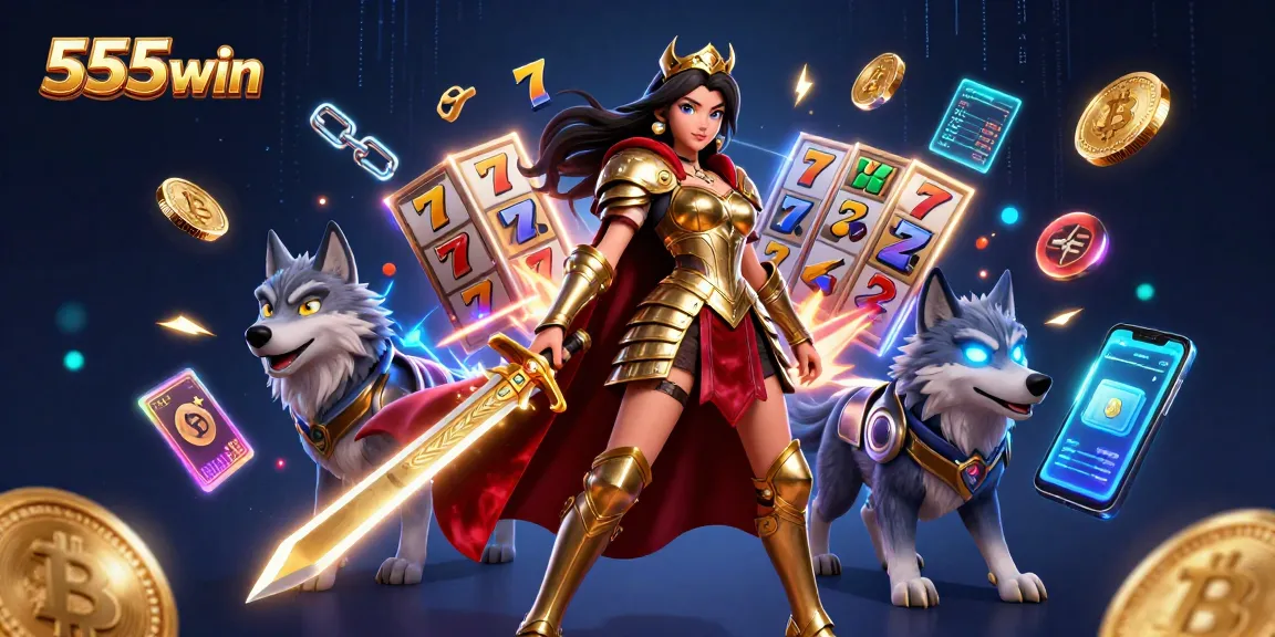 Experience thrilling gameplay at 555win with a warrior queen in a vibrant casino scene.