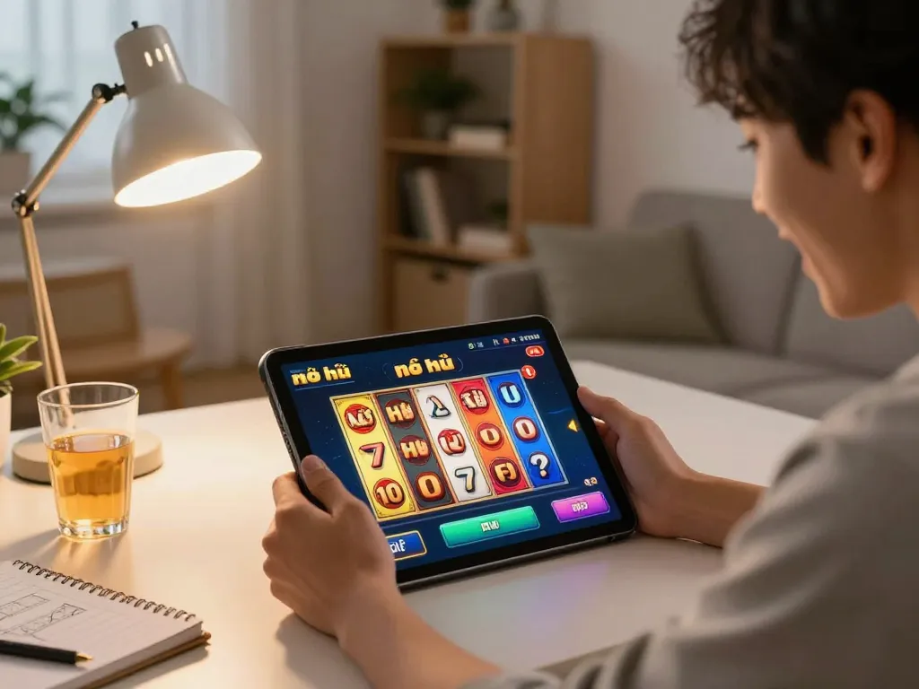 Engaging gameplay of nổ hũ online on a tablet in a cozy home setting with warm lighting.