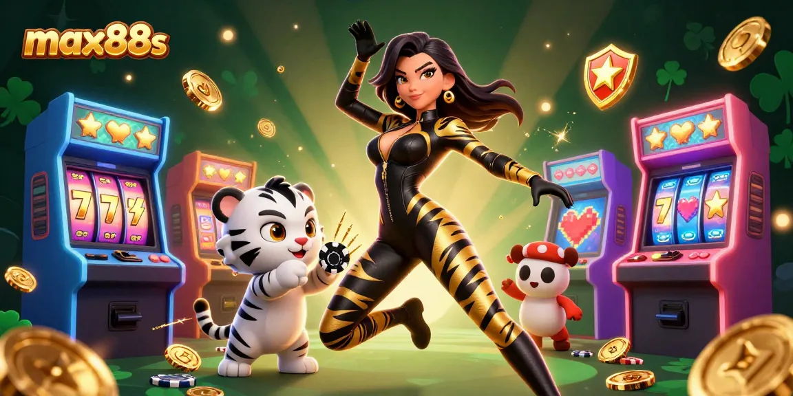 Experience thrilling gaming with max88s, featuring a dynamic woman and baby tiger amidst colorful casino elements.