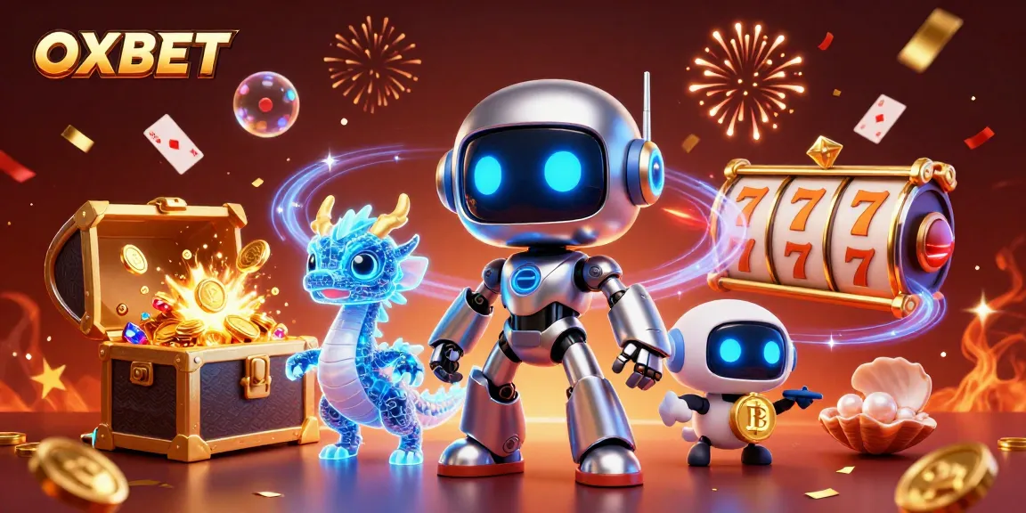 Engage with OXBET's thrilling atmosphere featuring vibrant casino action, slot reels, and bitcoin symbol.