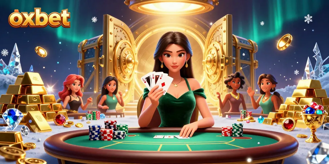 Play poker at OXBET with a stunning Asian woman at a luxury table, chip stacks, and treasure.