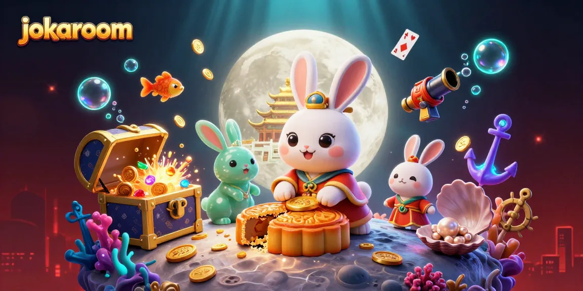Experience the excitement at jokaroom with a moon rabbit revealing poker chips in a vibrant casino-themed illustration.