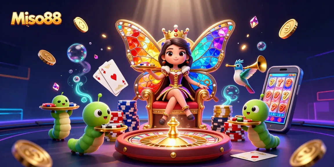 Miso88 players enjoy exciting casino games with vibrant characters surrounded by golden coins and cards.