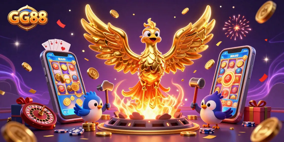Experience the winning thrills with GG88's vibrant casino scene featuring a molten phoenix.