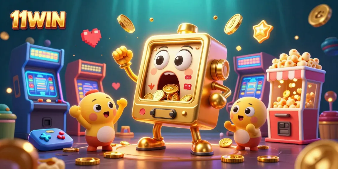 Engaging 11WIN slots illustration featuring a golden slot machine hitting a jackpot with cheering baby slots.