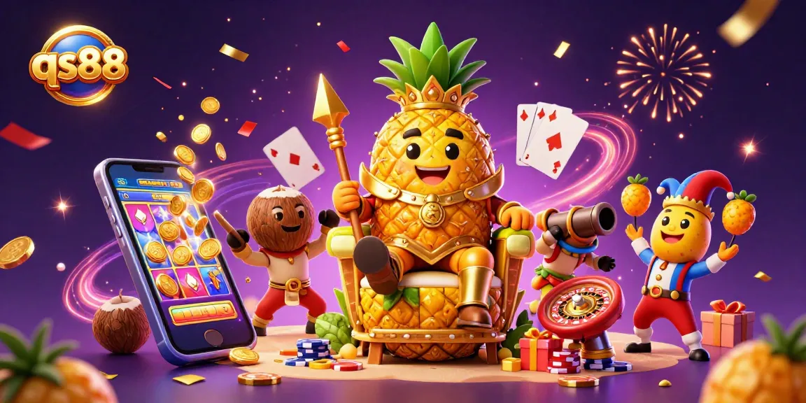 Experience excitement at qs88 with a golden pineapple king and fun gaming elements in a vibrant casino illustration.