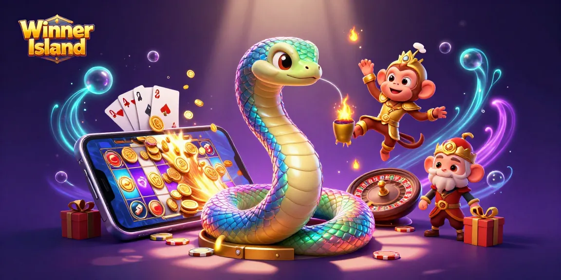 Engage in thrilling gaming at Winner Island with colorful slot games, coins flying, and vibrant game elements.