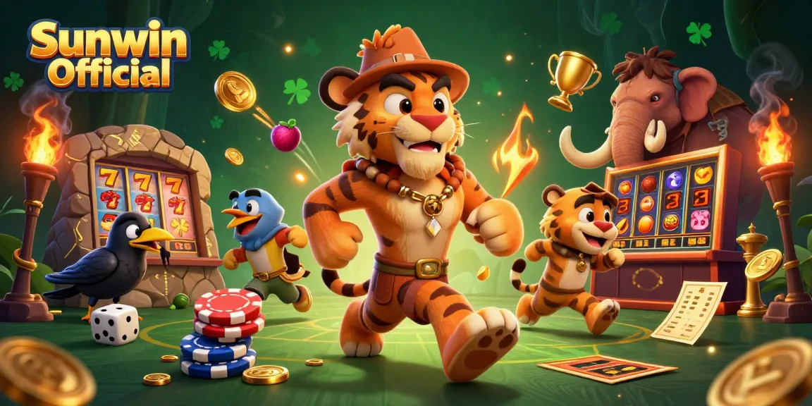 Experience fun at Sunwin Official with a dynamic prehistoric casino scene filled with slots and playful characters.