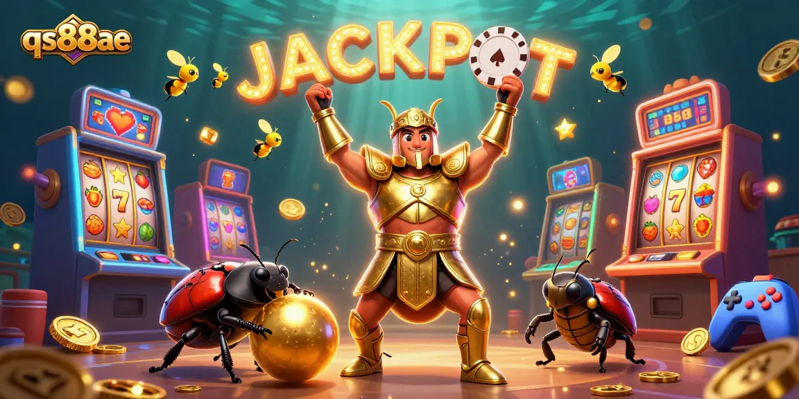qs88ae featuring a victorious beetle lifting a poker chip surrounded by slot machines and jackpot elements