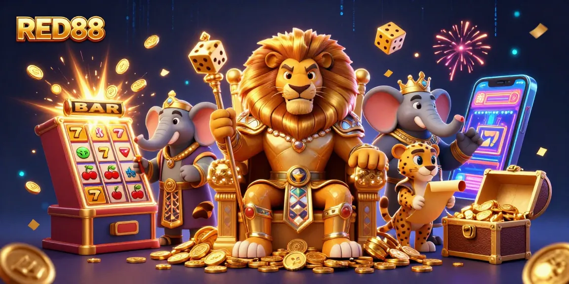 Experience the excitement at RED88 with a dynamic 3D casino scene featuring a lion king and vibrant slot elements.