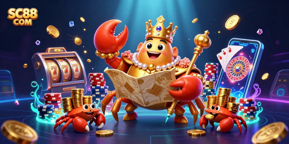 Experience SC88 COM with a vibrant scene of a golden crab emperor and thrilling casino elements.