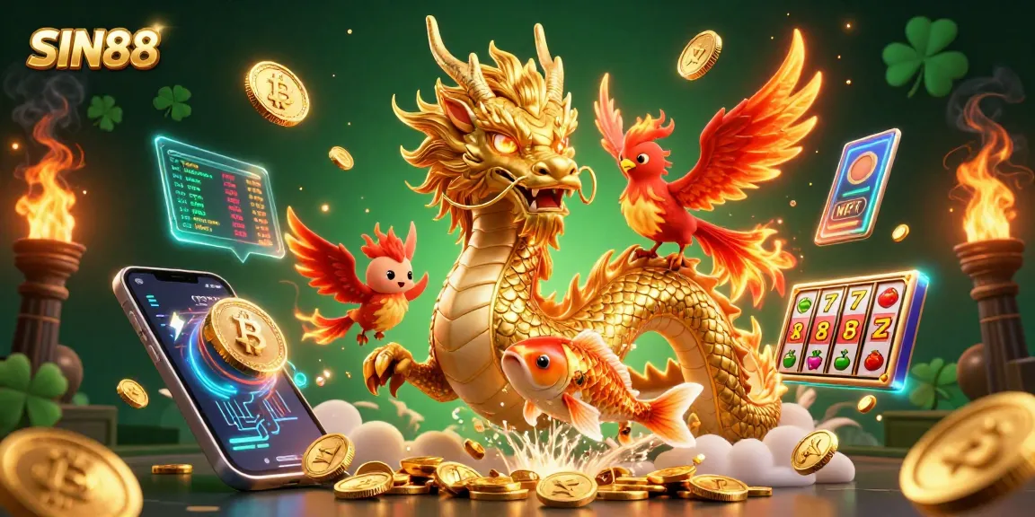 Engage with SIN88 through dynamic 3D illustration showcasing thrilling slots action and vibrant casino excitement.