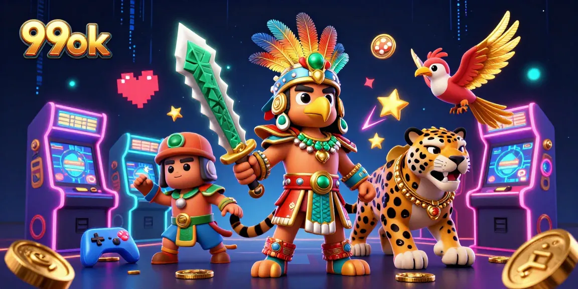 Engage in thrilling gameplay with 99ok, showcasing the epic Aztec warrior scene and vibrant casino elements.
