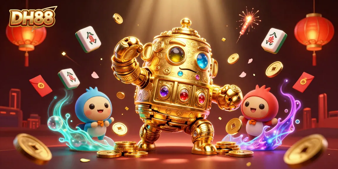 Experience thrilling wins at DH88 with a 3D golden golem amidst festive gaming elements.