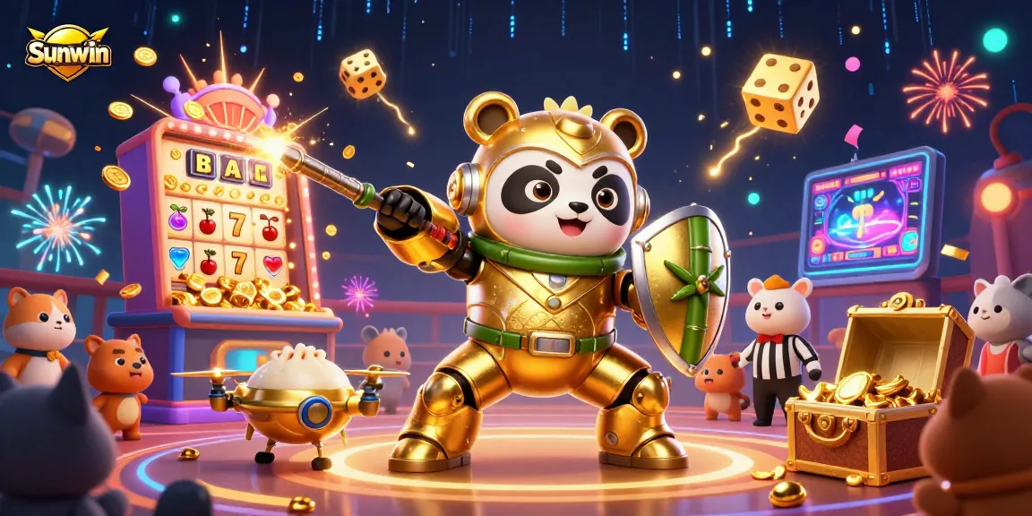 Experience Sunwin's vibrant casino games with golden panda characters in a lively jackpot scene.