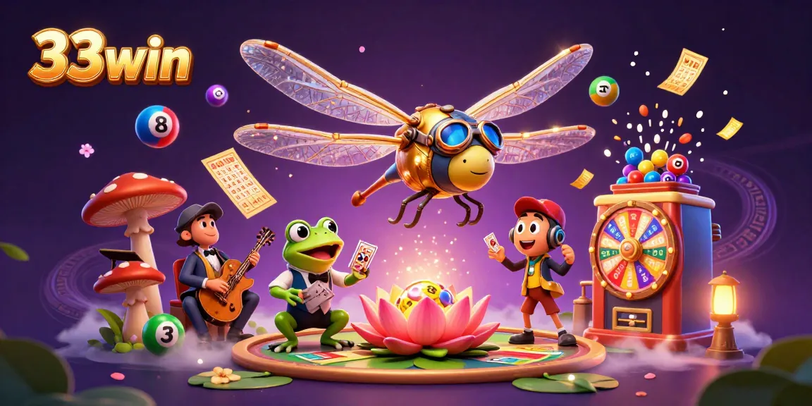 Participate in the exciting world of 33win with a vibrant casino scene featuring a dragonfly pilot and a frog croupier.