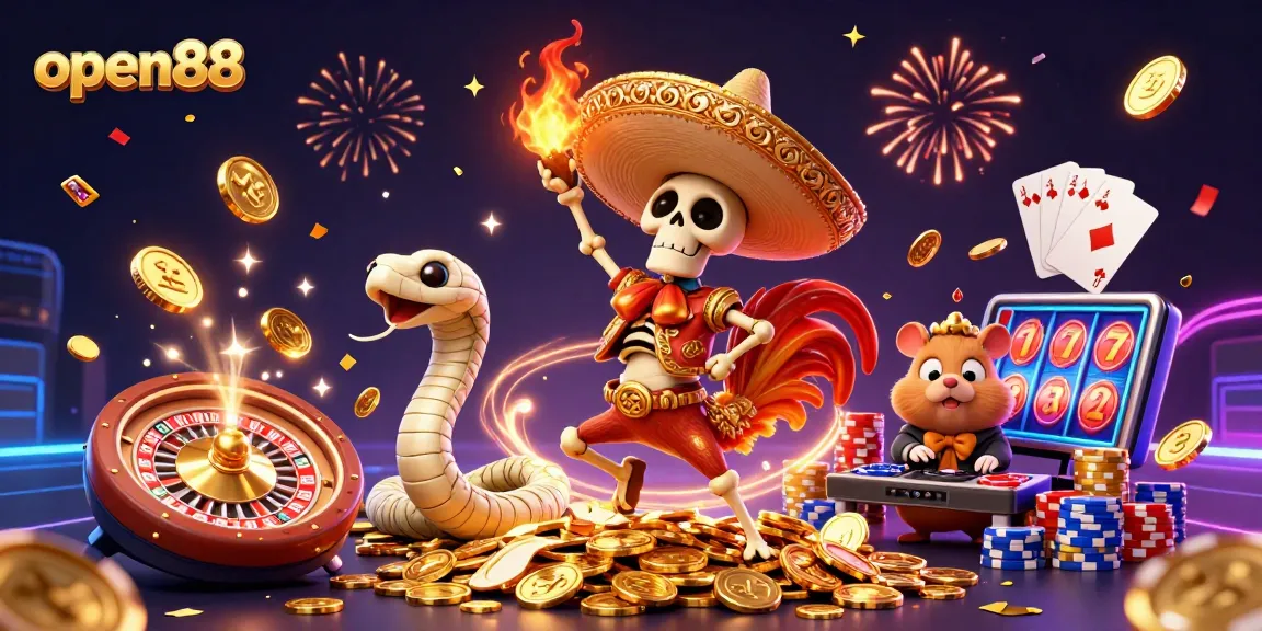 Experience the excitement of open88 with a vibrant casino scene featuring festive characters and dynamic casino elements.